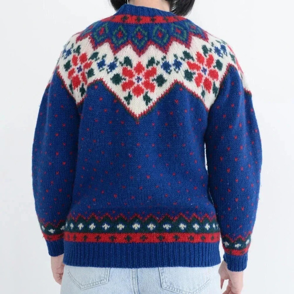 Vintage 90's Eddie Bauer Blue Wool Festive Gramacore Knit Crewneck Sweater  M - Picture 3 of 11